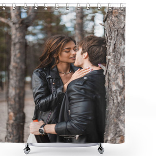Personality  Selective Focus Of Woman Kissing Boyfriend In Leather Jacket With Bottle Of Wine In Forest  Shower Curtains