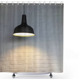 Personality  Black Fixture Of Lamp Hanging On Ceiling And Have White Bricks Wall Is Background For Interior Decoration Design. Shower Curtains