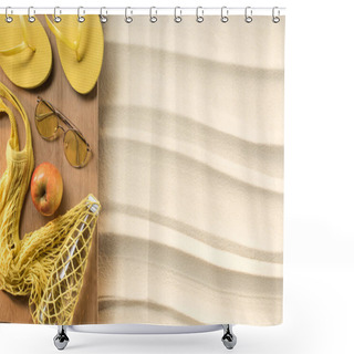 Personality  Flat Lay With Feminine Yellow Accessories For Rest On Beach On Sand Shower Curtains