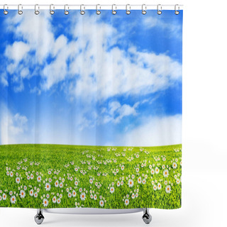 Personality  Meadow With Green Grass On A Background Of Blue Sky With Clouds Shower Curtains