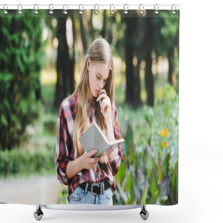 Personality  Focused Young Girl In Casual Clothes Reading Book Shower Curtains