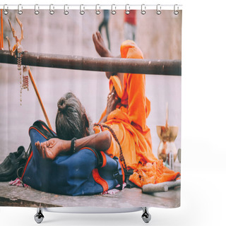 Personality  Monk In Bright Orange Clothing Resting In Varanasi, India Shower Curtains