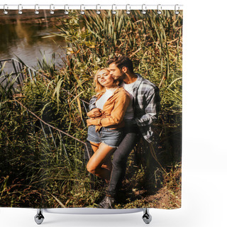 Personality  Handsome Young Man Embracing Attractive Girlfriend In Thicket Of Sedge In Park Shower Curtains