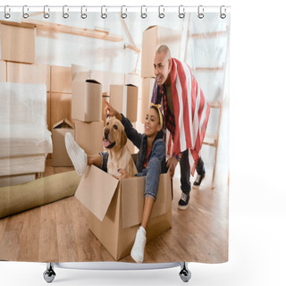 Personality  African American Couple Having Fun With Dog In New Apartment Shower Curtains
