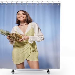 Personality  A Brunette Woman Gracefully Holding A Vibrant Pineapple In A Stylish Dress. Shower Curtains