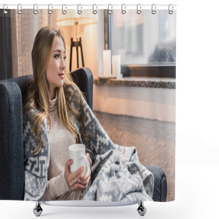 Personality  Thoughtful Young Woman In Warm Plaid With Cup Of Hot Drink Shower Curtains