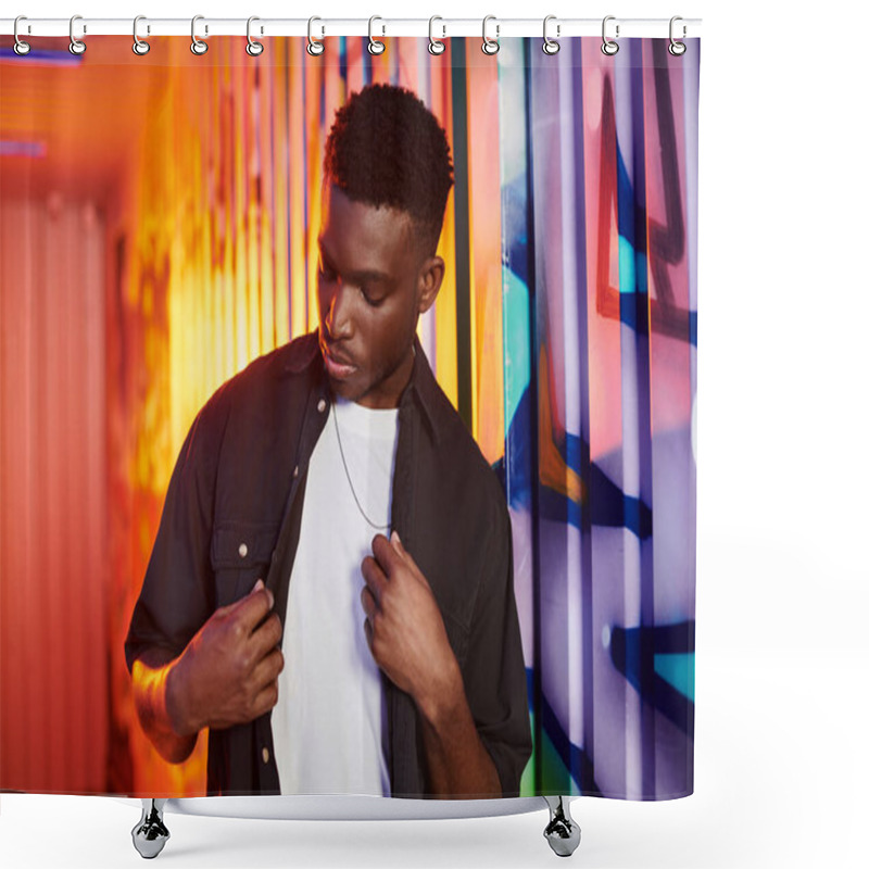 Personality  A Man Stands Confidently In Front Of A Vibrant, Multicolored Wall In An Urban Setting. Shower Curtains