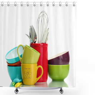 Personality  Bright Empty Bowls, Cups And Kitchen Utensils Isolated On White Shower Curtains