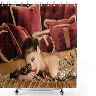 Personality  Elegant Beautiful Woman Is Lying On The Bed.Young Brunette Lady In Gorgeous Dress Shower Curtains