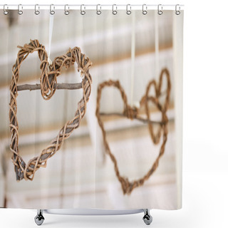 Personality  Wooden Weaved Hearts Hanging Off Roof Trusses At Wedding, Selective Focus Shower Curtains