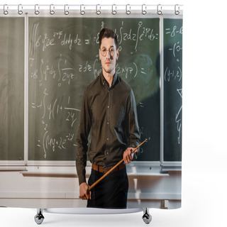 Personality  Focused Male Teacher In Formal Wear Looking At Camera And Holding Wooden Pointer In Front Of Chalkboard With Equations  Shower Curtains