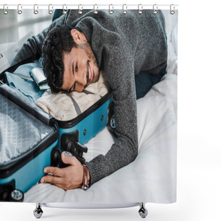 Personality  Handsome And Smiling Bi-racial Man Lying On Travel Bag Shower Curtains