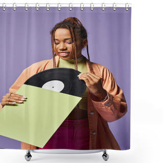 Personality  Young African American Woman In Her 20s With Dreadlocks Admiring Vinyl Disc With A Joyful Expression Shower Curtains