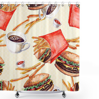 Personality  Seamless Pattern With Cheeseburgers And French Fries Painted In Watercolor Shower Curtains