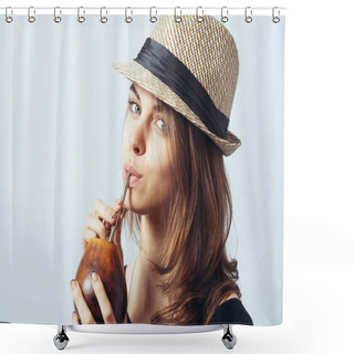 Personality  Portrait Of A Cute Brunette Girl Drinking Mate Shower Curtains