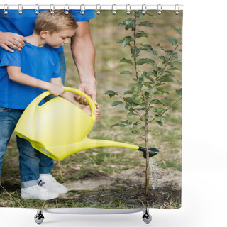 Personality  Partial View Of Boy With Father Watering Young Tree Planted In Park, Ecology Concept Shower Curtains