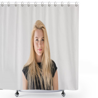Personality  Portrait Of Beautiful Young Blonde Woman Smiling At Camera Isolated On Grey Shower Curtains