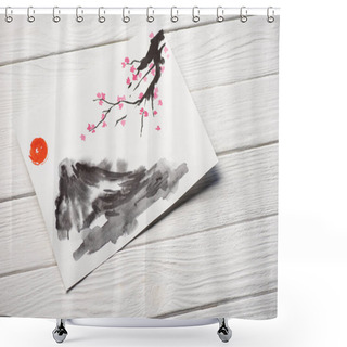 Personality  High Angle View Of Paper With Japanese Painting With Sun, Sakura Branches And Grey Hill On Wooden Background Shower Curtains