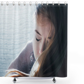 Personality  Close Up Of Beautiful Adult Girl Posing Underwater With Closed Eyes Shower Curtains