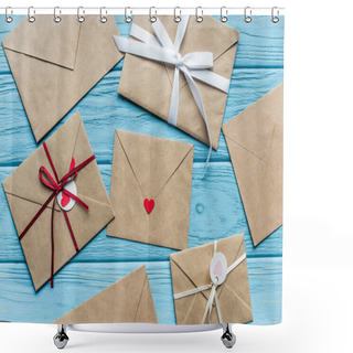 Personality  Top View Of Wooden Blue Background With Envelopes And Hearts Shower Curtains