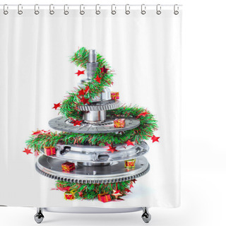 Personality  Abstract Christmas Tree Of Car Parts On A White Background. Decorated With Christmas Toys, Garland Shower Curtains