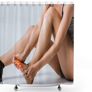 Personality  Partial View Of Sportswoman With Foot Pain On Grey Shower Curtains