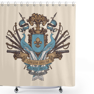 Personality  Medieval Hand-drawn Coat Of Arms With Blue Peacocks, Knightly Shield, Spears, Flags, Sabers, Swords, Cannons, Crown And Fleur-de-lis. Ornate Vector Illustration In Vintage Style, Emblem, Sign, Symbol Shower Curtains