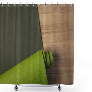 Personality  Top View Of Green Yoga Mat On Brown Floor Shower Curtains