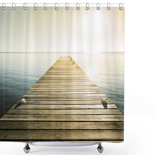 Personality  Wooden Jetty With Golden Light As Background Shower Curtains