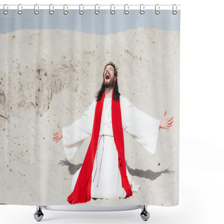 Personality  Laughing Jesus In Robe, Red Sash And Crown Of Thorns Standing On Knees With Open Arms In Desert Shower Curtains