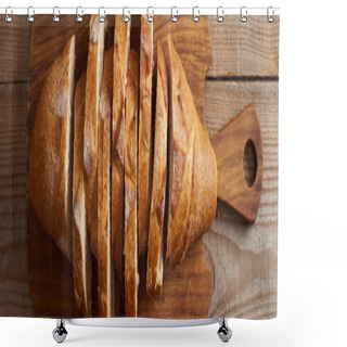 Personality  Top View Of Slices Of White Bread On Wooden Chopping Board, Panoramic Shot Shower Curtains
