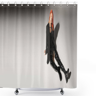 Personality  Full Length Of Sassy Asian Woman In Sexy Latex Boots And Blazer Sitting On Grey Backdrop, Banner Shower Curtains