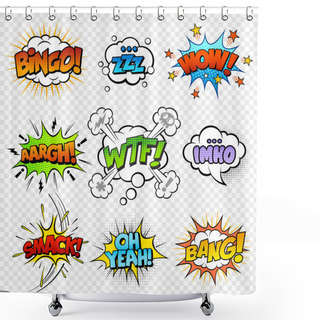 Personality  Set Of Comic Bubble Speech Clouds, Onomatopoeia Shower Curtains