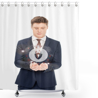 Personality  Businessman In Suit Looking At Outstretched Hands With Internet Security Icon And Gbpr Letters Above Isolated On White Shower Curtains