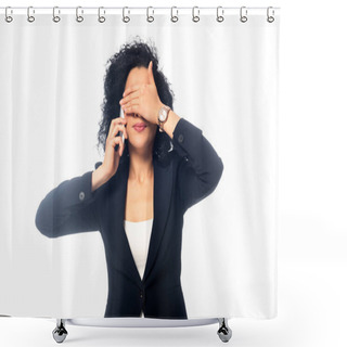 Personality  Front View Of African American Woman Talking On Smartphone And Covering Face Isolated On White Shower Curtains
