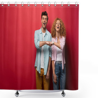 Personality  Beautiful Cheerful Couple Bumping Fists, Isolated On Red Shower Curtains