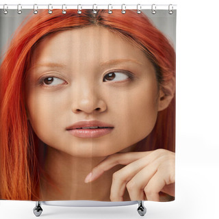 Personality  Close Up Portrait Of Pretty And Young Asian Woman With Perfect Skin  Daydreaming On Grey Backdrop Shower Curtains
