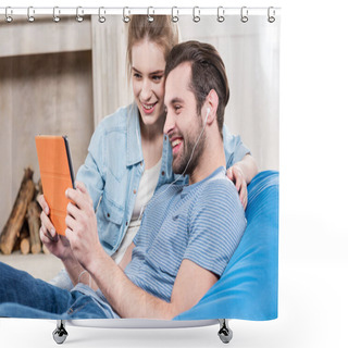 Personality  Couple Using Digital Tablet Shower Curtains