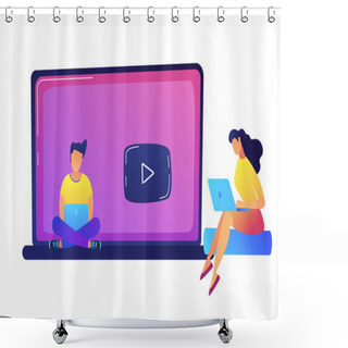Personality  Female Student Watching Webinar On A Big Laptop Vector Illustration. Shower Curtains