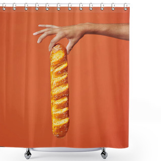 Personality  Cropped Shot Of Person Holding Freshly Baked Baguette On Orange Background, Crunchy French Bakery Shower Curtains