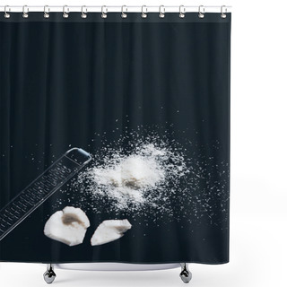 Personality  Top View Of Gourmet Natural Coconut Shavings And Grater On Black  Shower Curtains