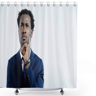 Personality  Pensive African American Businessman In Suit Looking Away While Thinking Isolated On Blue Shower Curtains