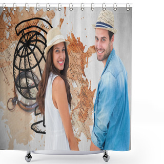 Personality  Hipster Couple Holding Hands Against World Map Shower Curtains