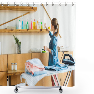 Personality  Young Woman Choosing Cleaning Fluid While Ironing Clothes At Home Shower Curtains