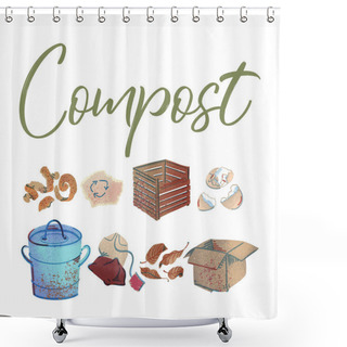 Personality  Collection Of Elements Organic Waste Theme. Illustration For Home Food Processing And Compost, Organic Waste, Zero Waste, Environmental Problem.  Shower Curtains