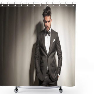 Personality  Attractive Young Business Man Holding Both Hands In His Pockets. Shower Curtains