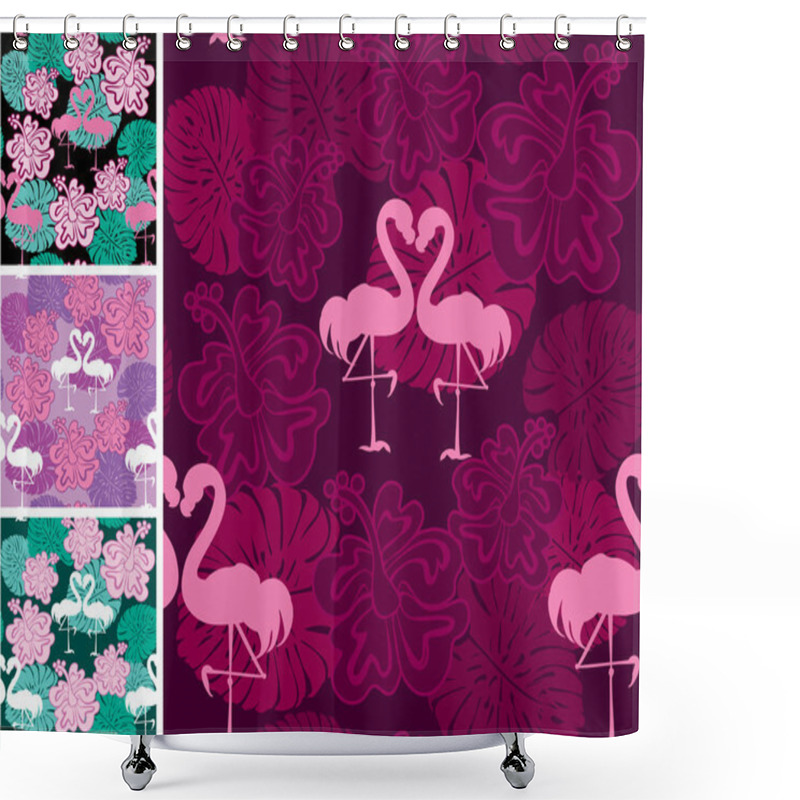 Personality  Set Of Seamless Patterns With Palm Trees Leaves And Flamingos. R Shower Curtains