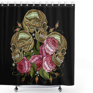 Personality  Embroidery Three Skulls And Flowers. Fashion Template Shower Curtains