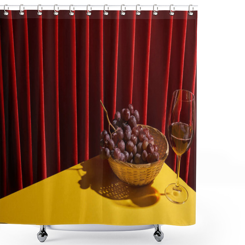 Personality  Classic Still Life With Grape In Wicker Basket Near Glass Of Red Wine On Yellow Table Near Red Curtain Shower Curtains