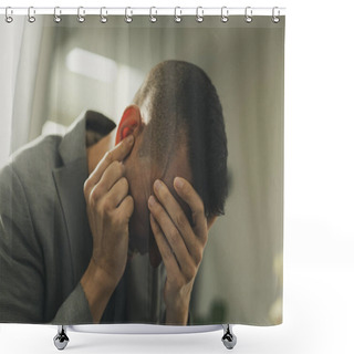 Personality  Closeup Of A Suffering Caucasian Man With One Hand In His Head And The Other Hand Covering His Ear Shower Curtains